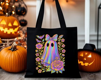 Iridescent Ghost Cotton Tote Bag: Halloween Trick or Treat