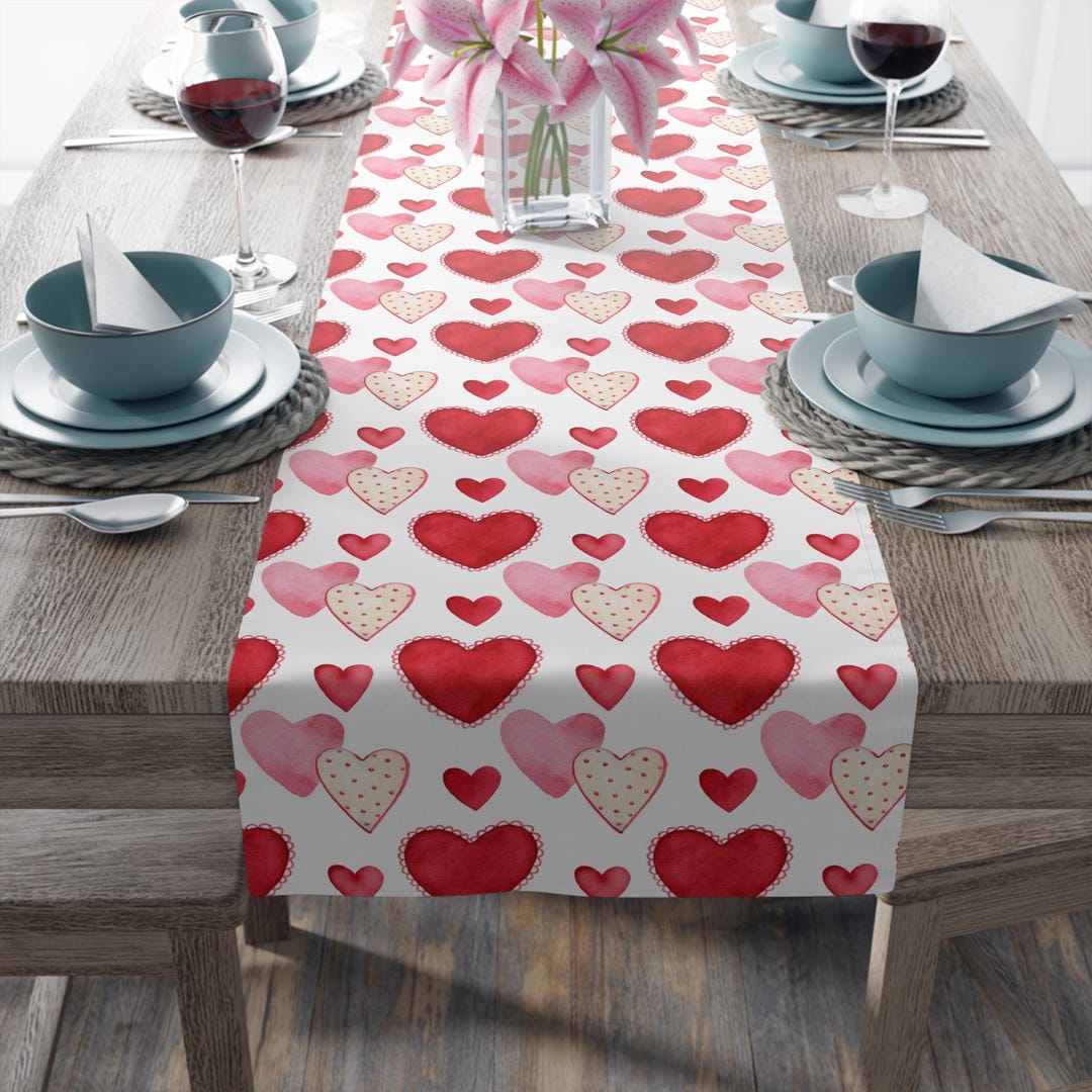 Watercolor Heart Table Runner | Red, Pink Polyester Centerpiece - Etsy