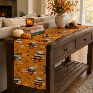 Chemin de table « Livres et café d'automne », décoration automnale pour les amoureux des livres, chemin de table pour coin café, table basse et salle à manger