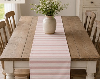 Garden Party Table Linens | Blush Summer Table Runner | Pink Striped Cotton Twill and Polyester