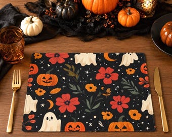 Pumpkin Ghost Fall Placemats, Whimsical Halloween Table Setting