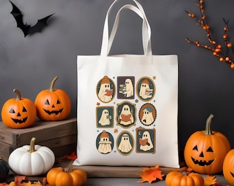 Sacola de lona de algodão para o Halloween com estampa de livro fantasma, perfeita para doces ou travessuras.