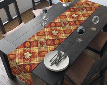 Rust Plaid Fall Leaves Table Runner: Autumn Thanksgiving Decor