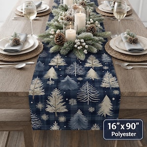 Blue Christmas Tree Table Linens | Snowy Plaid Holiday Placemats, Napkins, Table Runner