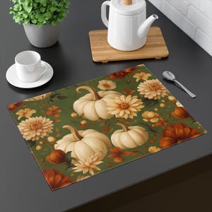 Fall Placemat | Autumn Floral |White Pumpkin Green Background | Table Decor for Thanksgiving and Fall | Cottagecore| Kitchen Table Setting