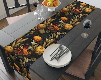 Harvest Pumpkin Table Runner: Autumn Leaves & Wheat, Polyester