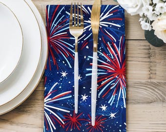 Fourth of July Fireworks Napkins, Patriotic Cotton Cloth Napkins, Memorial Day Decor, America 250 Party Decor, Red White Blue Table Linen