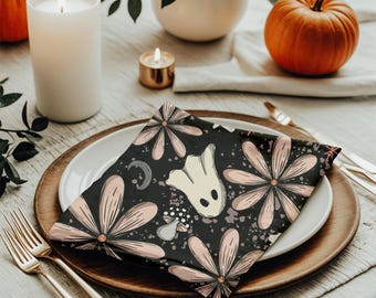 Set med 4, Halloween-spöken blommiga tygservetter, polyester höstbordsdekoration