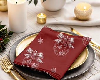 Red Christmas Ornament Cotton Napkin, Holiday Bauble & Snowflake