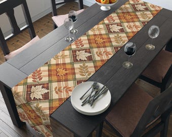 Autumn Plaid Table Runner: Rustic Fall Leaves Harvest Decor