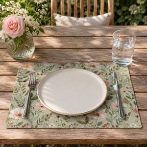 Op de afbeelding: Een rechthoekige placemat met een botanische print van lichtroze bloemen, groene bladeren en kleine bruine takjes op een licht saliegroene achtergrond. Een effen wit keramieken bord staat in het midden, geflankeerd door een zilveren vork en een zilveren mes.