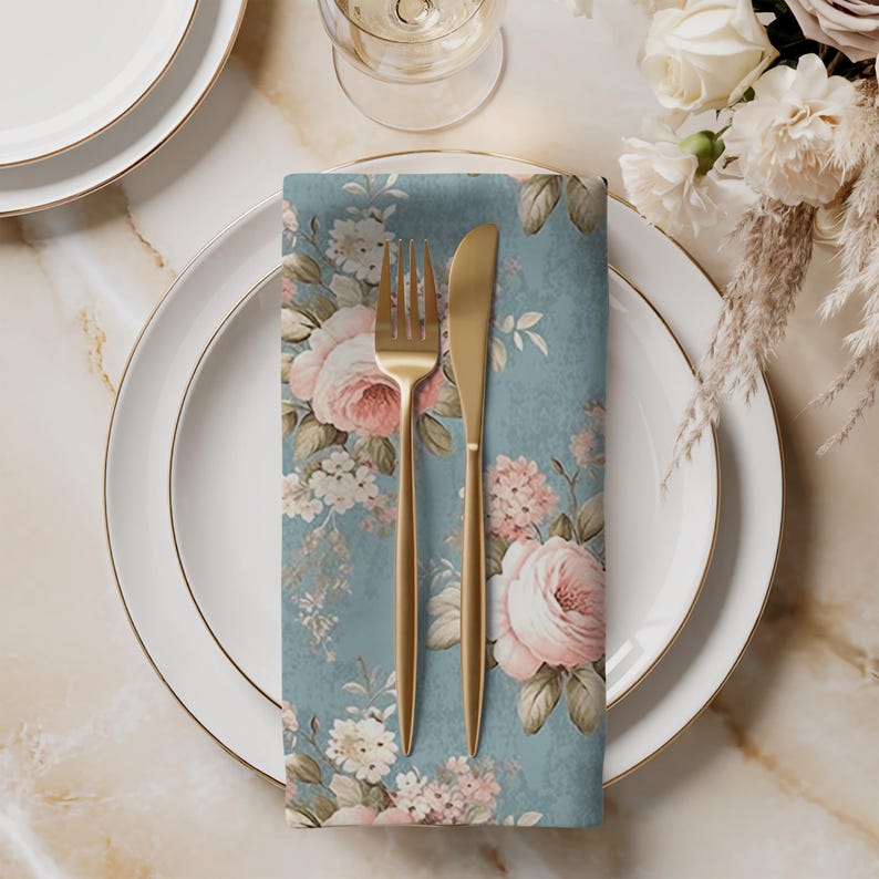 Romantic Floral Cotton Twill Napkin | Blush Pink Roses on Blue | Wedding, Bridal & Baby Shower Table Decor