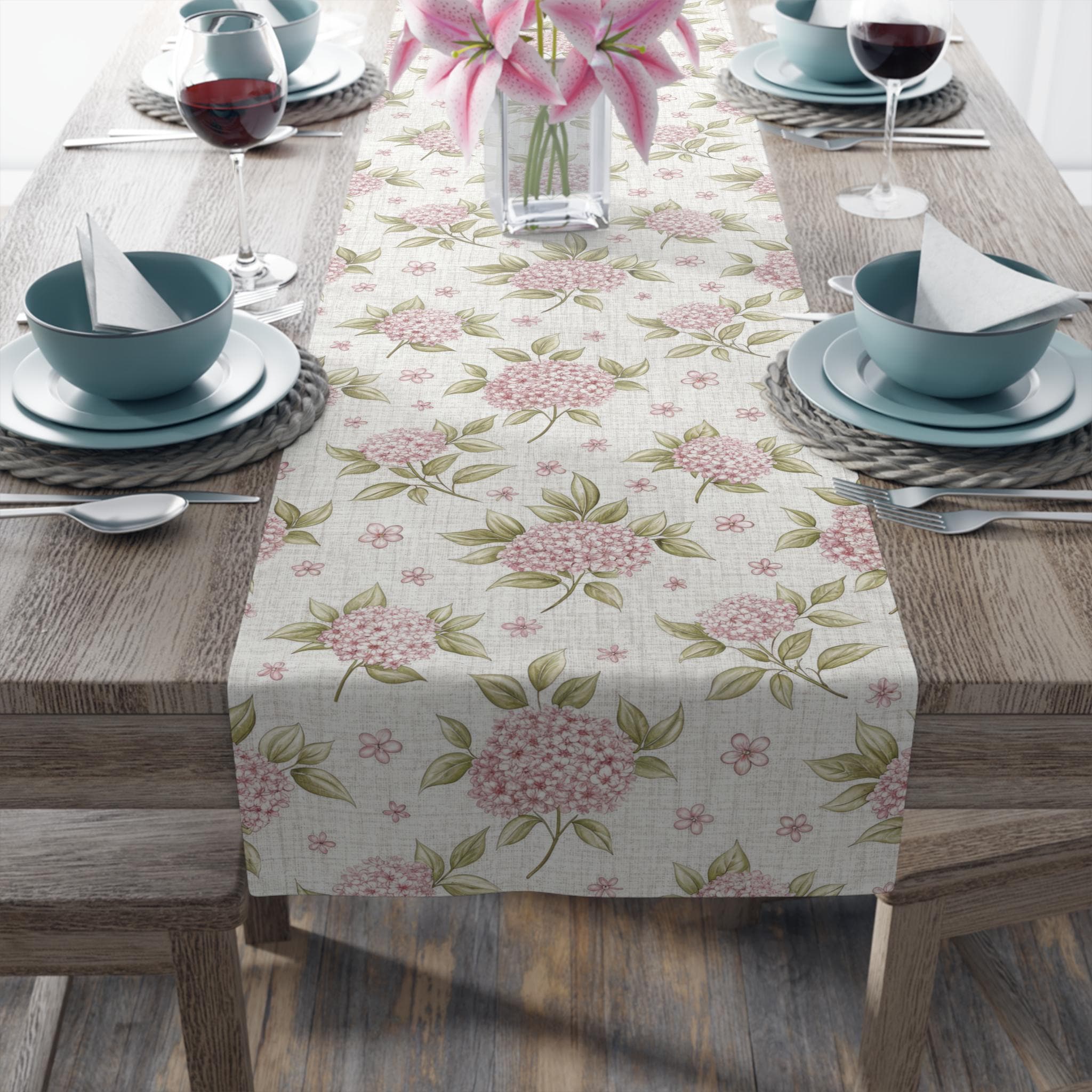 Pink Hydrangea Floral Table Runner | Shabby Chic Cottagecore Decor