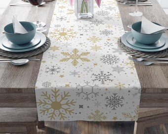 Camino de mesa de copos de nieve dorados y plateados - Decoración navideña de invierno