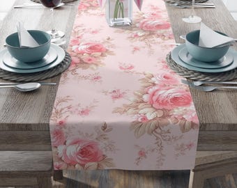 Vintage Pink Rose Table Runner | Shabby Chic Floral Polyester