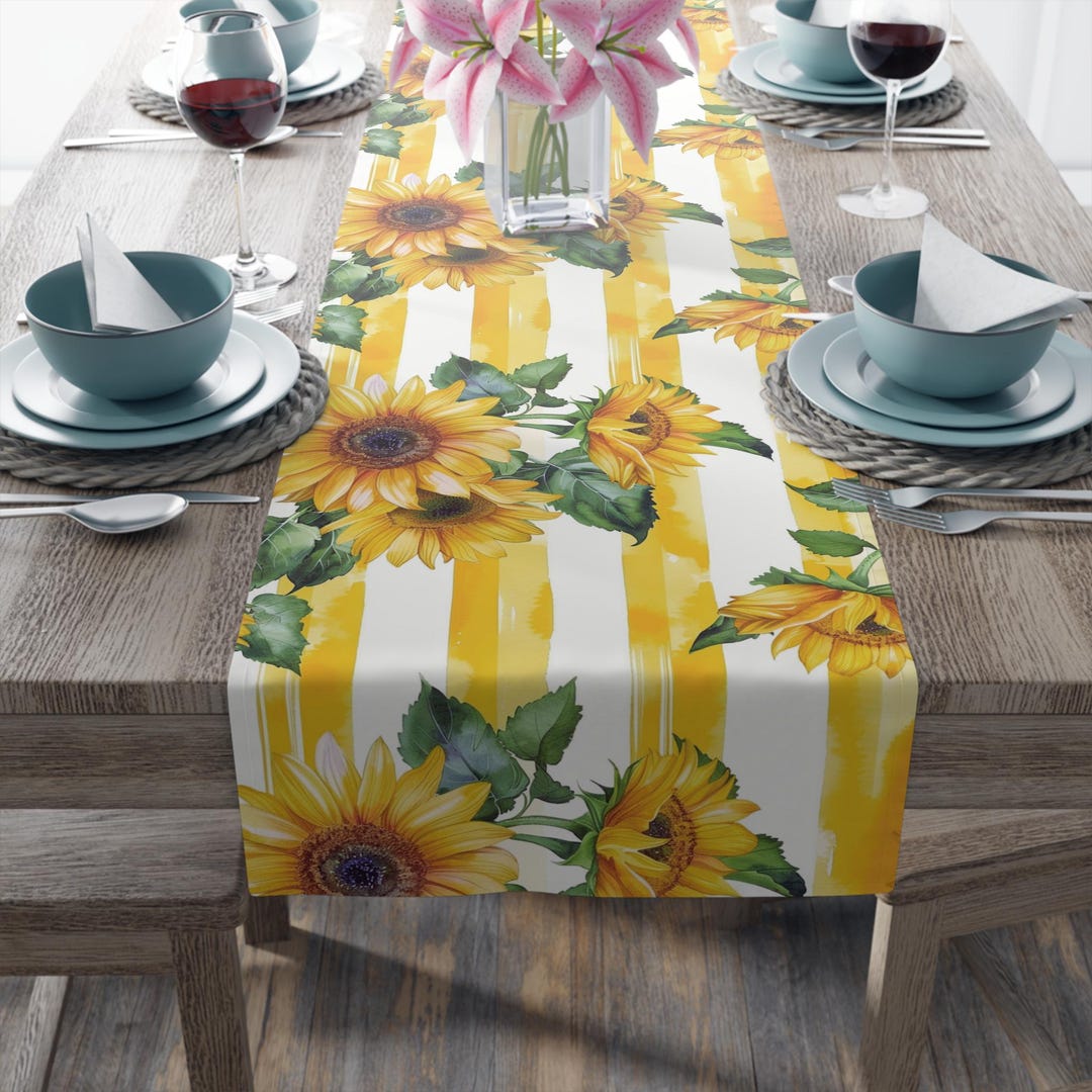 Sunflower Table Runner, Yellow Watercolor Stripe, Spring Summer Decor ...