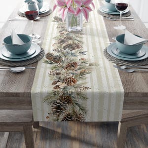 Watercolor Winter Pinecone Table Runner | Frosted Evergreen & Berry Holiday Decor | Rustic Farmhouse Christmas Linen