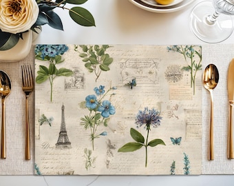 Franse landelijke blauwe bloemenplacemat, botanisch tafeldecor Parijs, katoenen keperstof