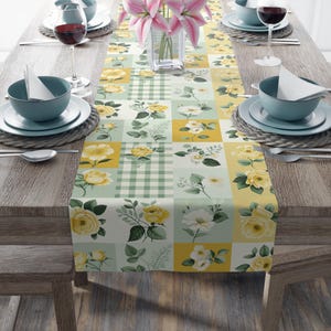 Yellow Rose Patchwork Table Runner, Floral Cottagecore Decor, Gingham Garden Wedding Runner