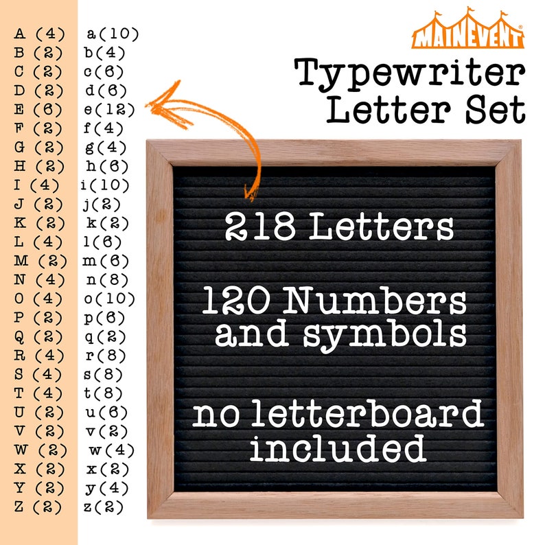 May include: A set of 218 typewriter-style letters and 120 numbers and symbols in a black letterboard frame. The frame is made of wood and has a light brown finish. The text "218 Letters", "120 Numbers and symbols", and "no letterboard included" is printed in white on the black letterboard.