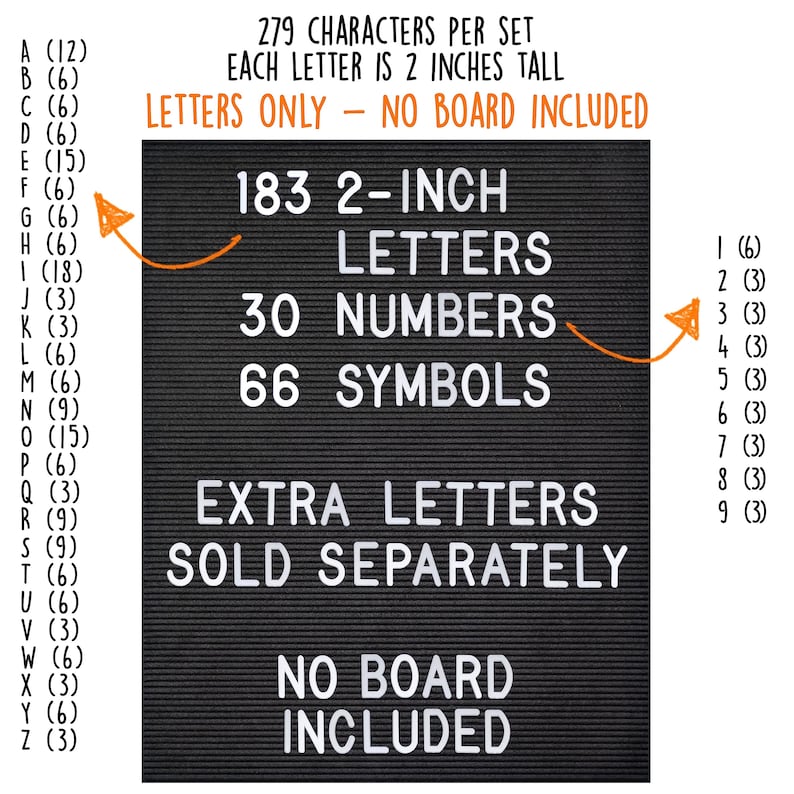 May include: Black felt letter board with white letters and numbers. The board includes 183 2-inch letters, 30 numbers, and 66 symbols. The text on the board reads "279 characters per set, each letter is 2 inches tall, letters only - no board included, 183 2-inch letters, 30 numbers, 66 symbols, extra letters sold separately, no board included".