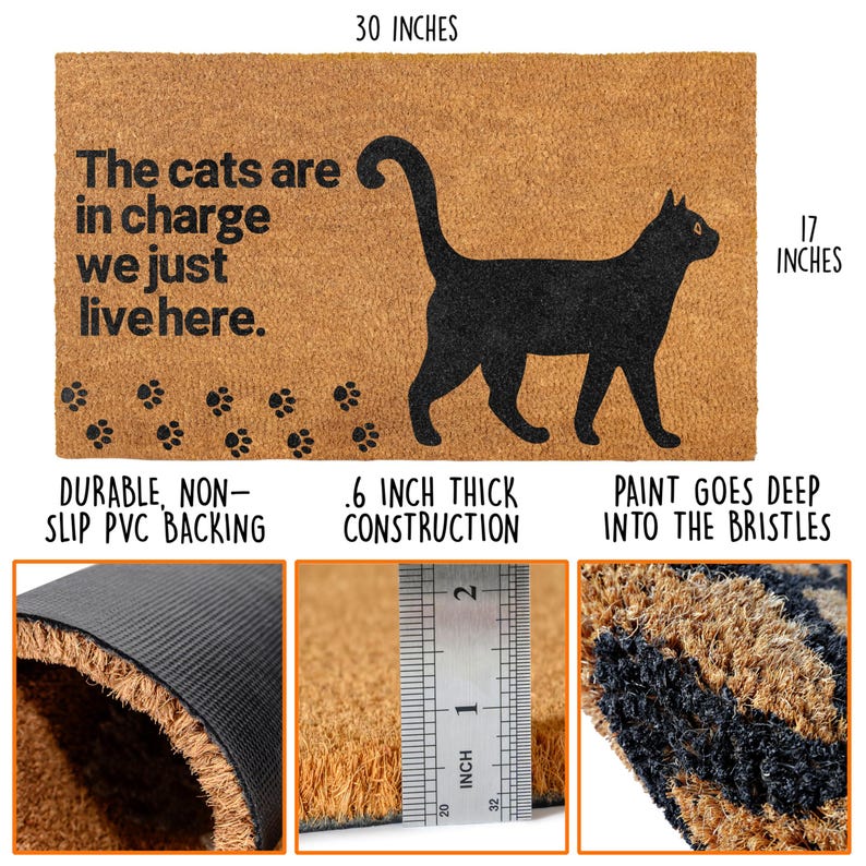MAINEVENT Los gatos están al mando Felpudo de fibra de coco para gatos de 30 x 17 pulgadas, felpudos con temática de amantes de los gatos imagen 2