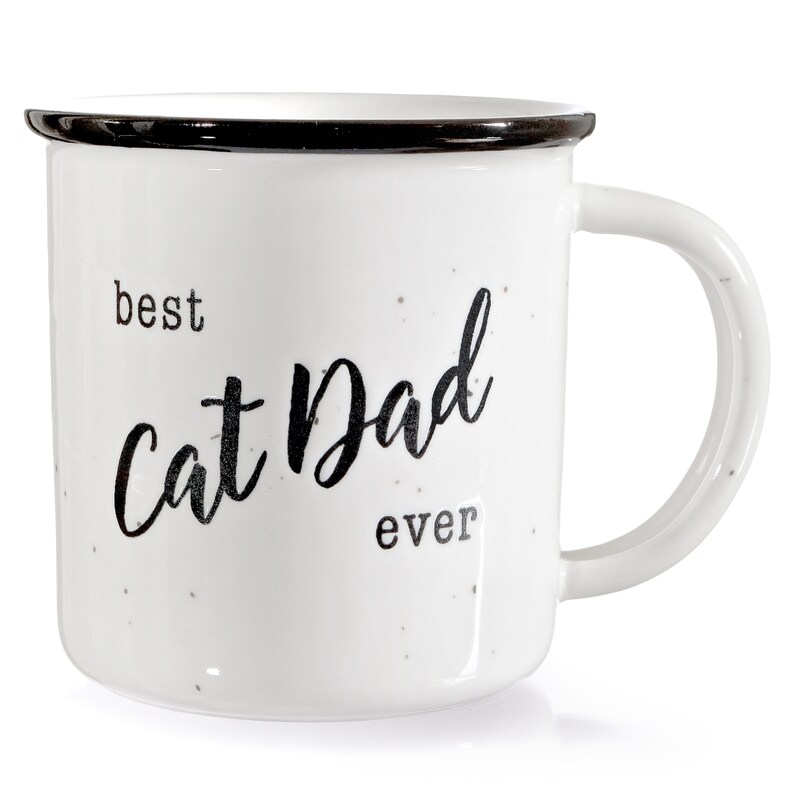 Pode incluir: Caneca de cer&acirc;mica branca com borda preta e esmalte salpicado. A caneca tem texto preto que diz "best cat dad ever".