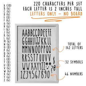 May include: A white letter board with black letters and numbers. The letters are 2 inches tall and there are 220 characters in total. The board includes 142 letters, 32 symbols, and 46 numbers.