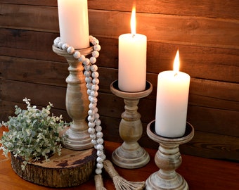 Pillar Candle Holders Set of 3 or Singles, Wood Candle Holders, Farmhouse Candle Holders Centerpiece, Tall Candle Holders for LED Candles