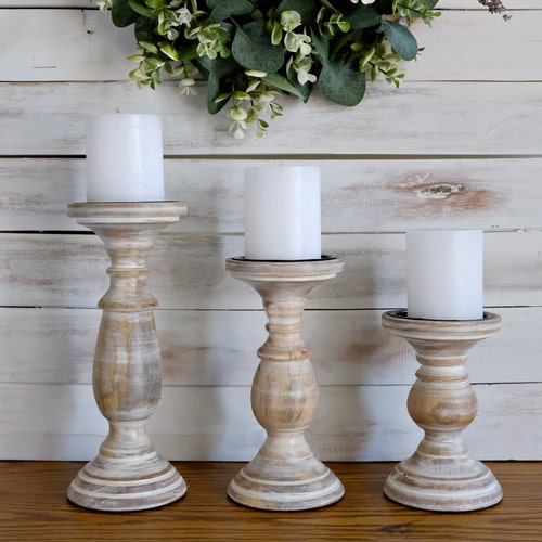 Pillar Candle Holders Set of 3 Wood Candle Holders Farmhouse Etsy