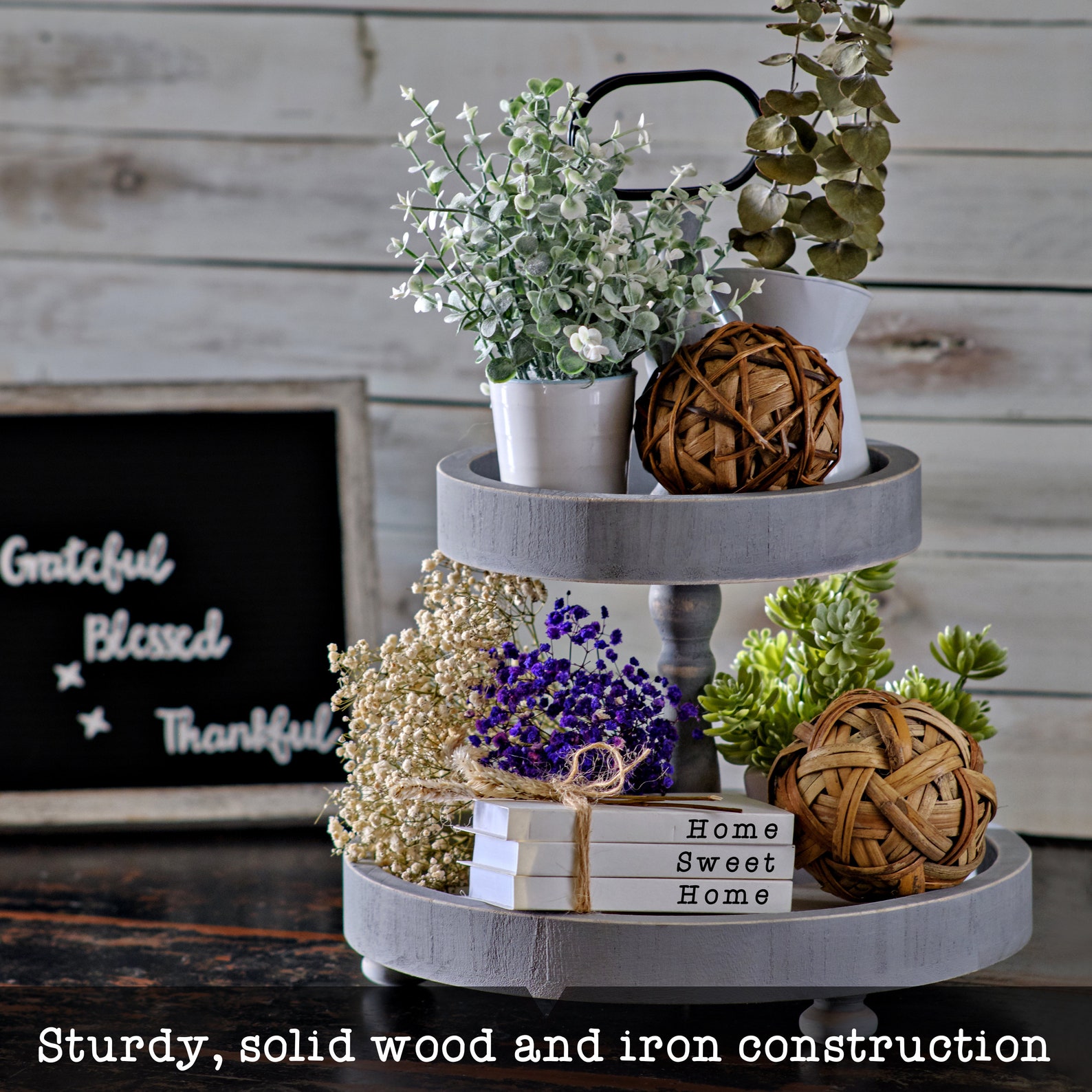 Farmhouse Tiered Tray With Beads Home Decor Rustic Kitchen Etsy