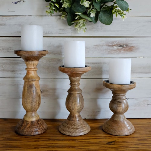 Set of 3 Wood Pillar Candle Holders Rustic Candle Holders Etsy
