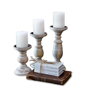 MAINEVENT White Candle Holders for Pillar Candles, Wooden Table Centerpiece, Set of 3, Wood Candle Holders, Rustic Pillar Candle Holder