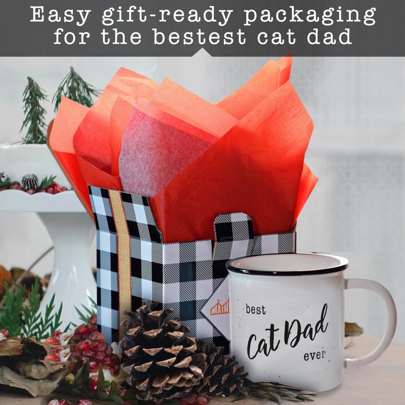 Pode incluir: Uma caneca branca com borda preta e o texto "best Cat Dad ever" nela. A caneca est&aacute; sentada em uma mesa ao lado de uma caixa de presente xadrez preta e branca com papel de seda vermelho dentro. Um cone de pinho est&aacute; na frente da caixa.