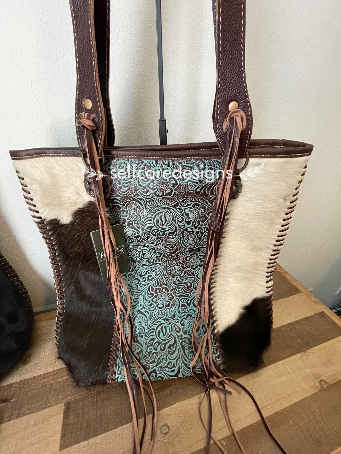 Myra bag blue ripples bag cowhide leather tote tooled | Etsy