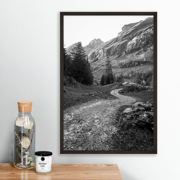 Black and White Mountain Trail Print, Switzerland Wall Art, Fine Art Travel Photography Print, Europe Home Decor