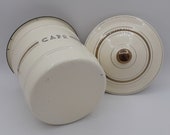 Covered pot, enamel, cream color with lines or for coffee, old farm, country, Loft, Retro vibe, circa 1900