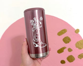 Bouquet Cowboy Boot Skinny Can Cooler, Country, Rodeo Boots, Stainless Steel Insulated Cooler, Bridesmaid Gift, Seltzer can holder