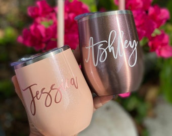 Personalized Stainless Steel Wine Tumbler with Name, Wine Insulated Cup with Lid and Straw, Bridesmaid Proposal