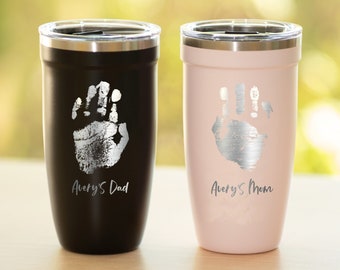 REAL Handprint Engraved Tumbler • Custom Footprint Travel Mug 16 oz • Kids Fingerprint on Cup • Gifts for Dad • Sentimental Gifts • P16
