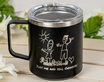 Personalized Coffee Mug for Grandpa, Kids Drawing Engraved Mug, Custom Insulated Mug 18oz, Gifts for Grandfather, Best Grandpa Mug • H180PH