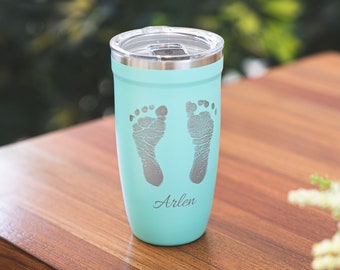 Baby Footprint Tumbler, Custom Photo Mug, Personalized Tumbler for Mom, Insulated Travel Tumbler, Grandma Coffee Mug, Real Handprint • P16