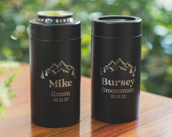 CLEARANCE Custom Groomsmen Beer Cozies • Personalized Wedding Cozies • Tall Can Cooler • Best Man Gift • Laser Engraved Can Sleeves • L16