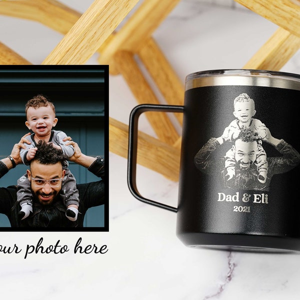 Custom Photo Mug 12 Ounce, Photo Engraved Mug, Personalized Coffee Mug For Men, Custom Grandpa mug, Insulated Stainless Steel Mug • H12
