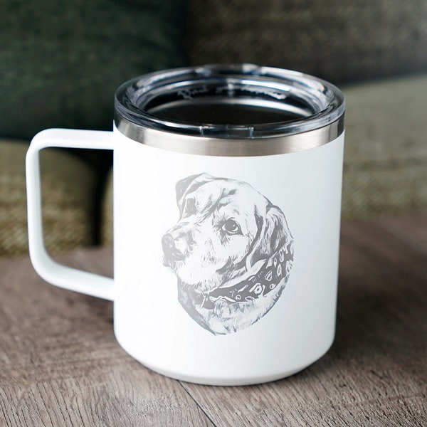 Dog Face Coffee Mug, Dog Dad Gift, Dog Lover Gift, Insulated Stainless Steel Mug with Lid. Personalized Dog Photo Engraved Cup 12oz • H120PH