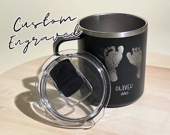 Baby Footprint Mug • Laser Engraved Mug • Custom Stainless Steel Mug • Insulated Coffee Mug • Gifts for Dad • First Father's Day Gift • H18