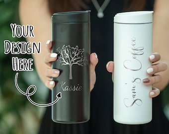 Custom Skinny Tumbler 16oz, Personalized Coffee Tumbler, Spill Proof Travel Mug, Hiking Mug, Laser Engraved Insulated Tumbler • G16