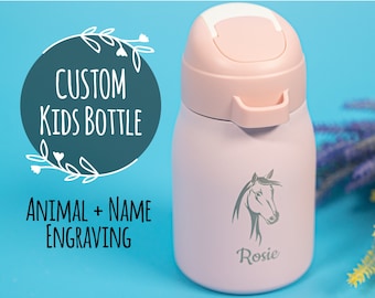 Personalized Kids Water Bottle with Straw • Baby Shower Gift • First Birthday • Kids Outdoor Bottle • Cartoon Animal Design • B10 PM