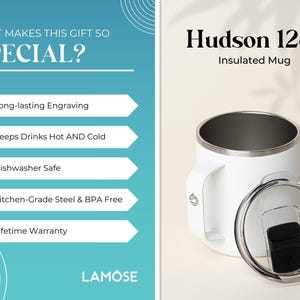White Hudson 12oz insulated mug with long-lasting engraving. Dishwasher safe, kitchen-grade steel, BPA-free. Keeps drinks hot and cold, lifetime warranty. Perfect personalized gift.