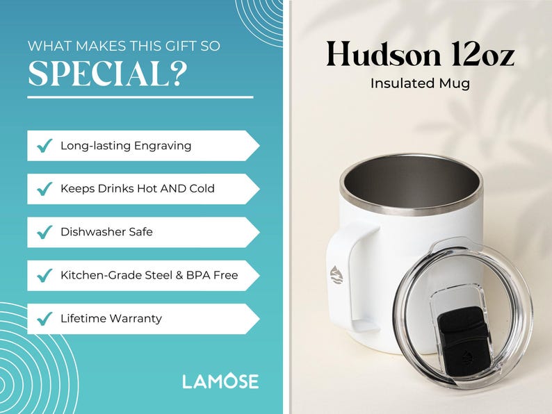 White Hudson 12oz insulated mug with long-lasting engraving. Dishwasher safe, kitchen-grade steel, BPA-free. Keeps drinks hot and cold, lifetime warranty. Perfect personalized gift.